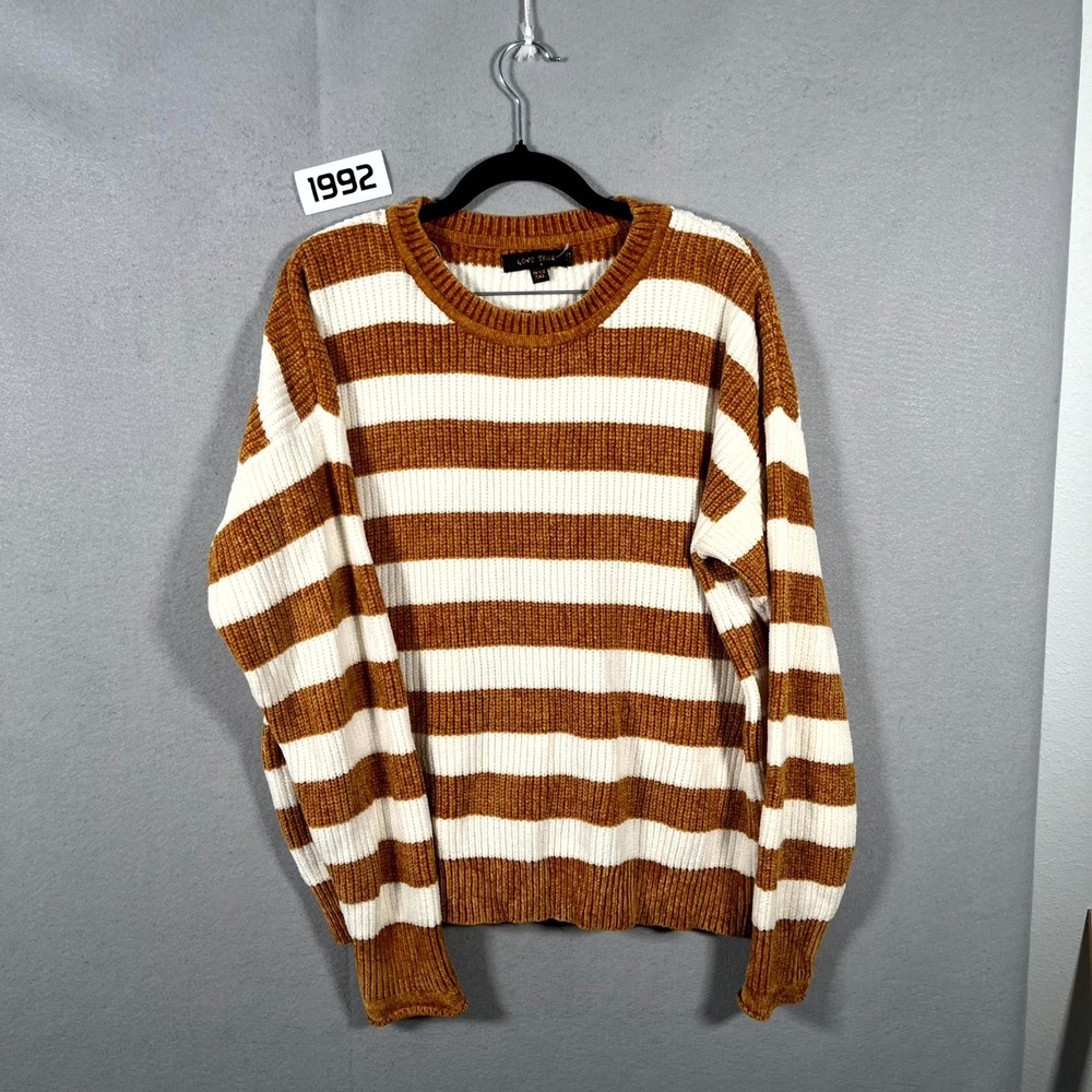 Love Tree Chenille Sweater Women Large Brown White Striped Crew Neck Long Sleeve